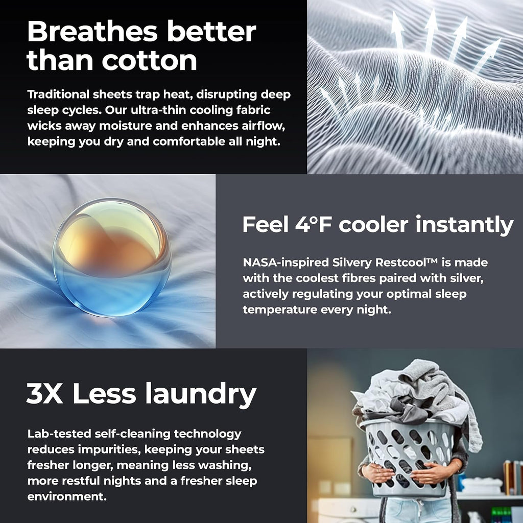 Silvery Restcool™ Silver Infused Bed Sheets Set - Award-Winning Self-Cooling Fabric for Hot Sleepers with Self-Cleaning Silvery Technology™ That Stays Fresh 3X Longer (Gray, Twin XL)