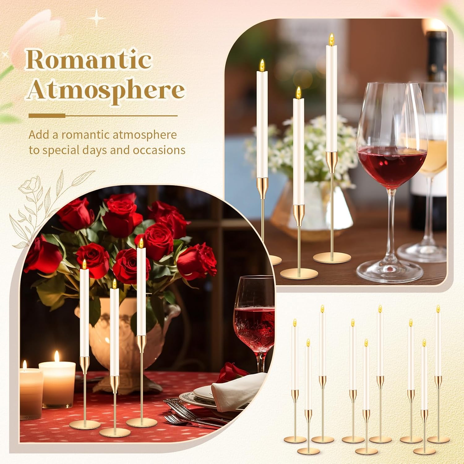 FillTouch 60 Pcs Gold Candlestick Holders with LED Flameless Candles Bulk Includes 30 Metal Candle Holders and 30 Battery Operated Candles for Wedding Table Centerpieces Home Decor (Ivory)