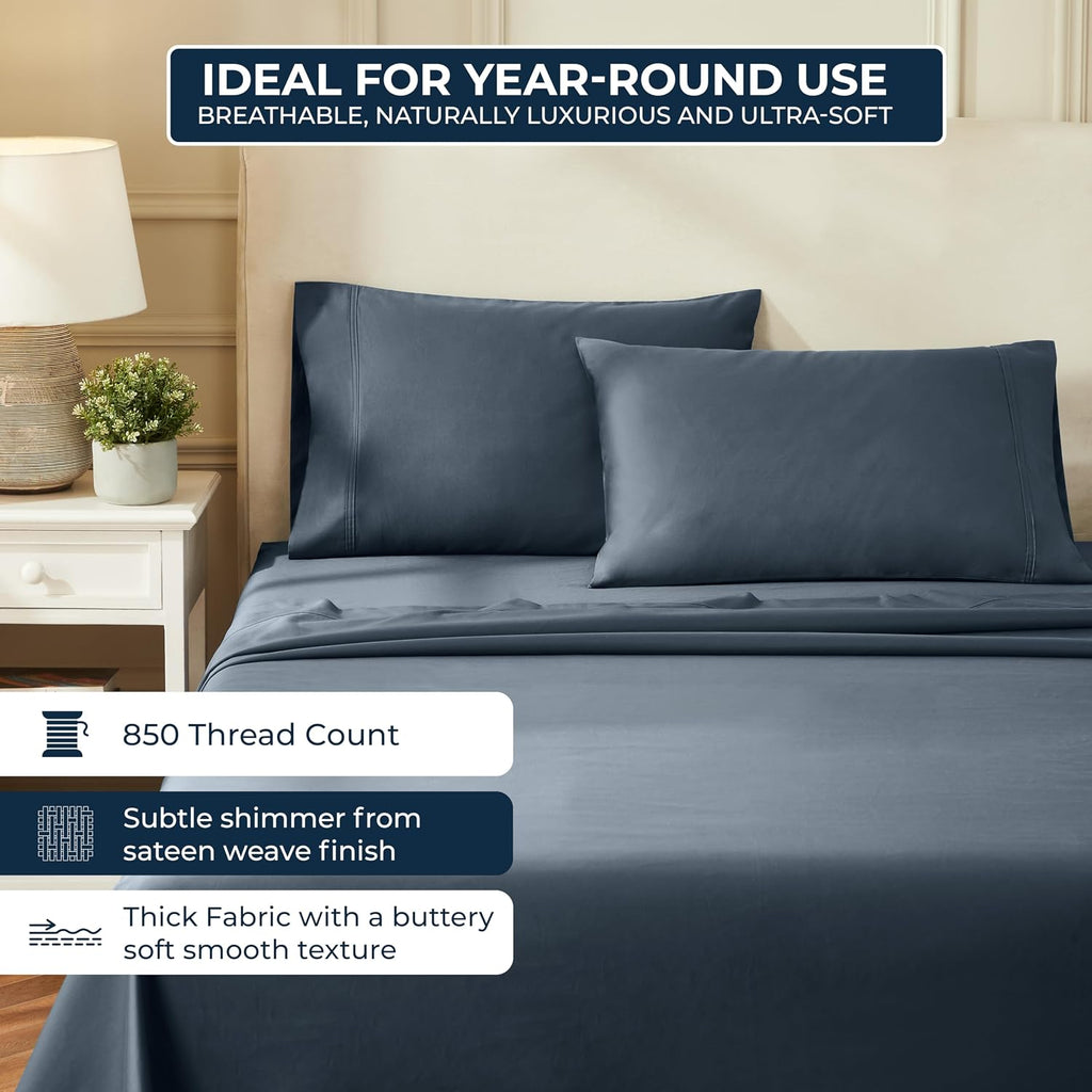 Superior Egyptian Cotton 850 Thread Count Bed Sheet Set, 1 Elastic Deep Pocket Fitted Sheet, 1 Flat Sheet, 2 Pillowcases, Daily Soft Sheets, Luxury, Plush, Hotel, Home Collection, Full, Dark Blue