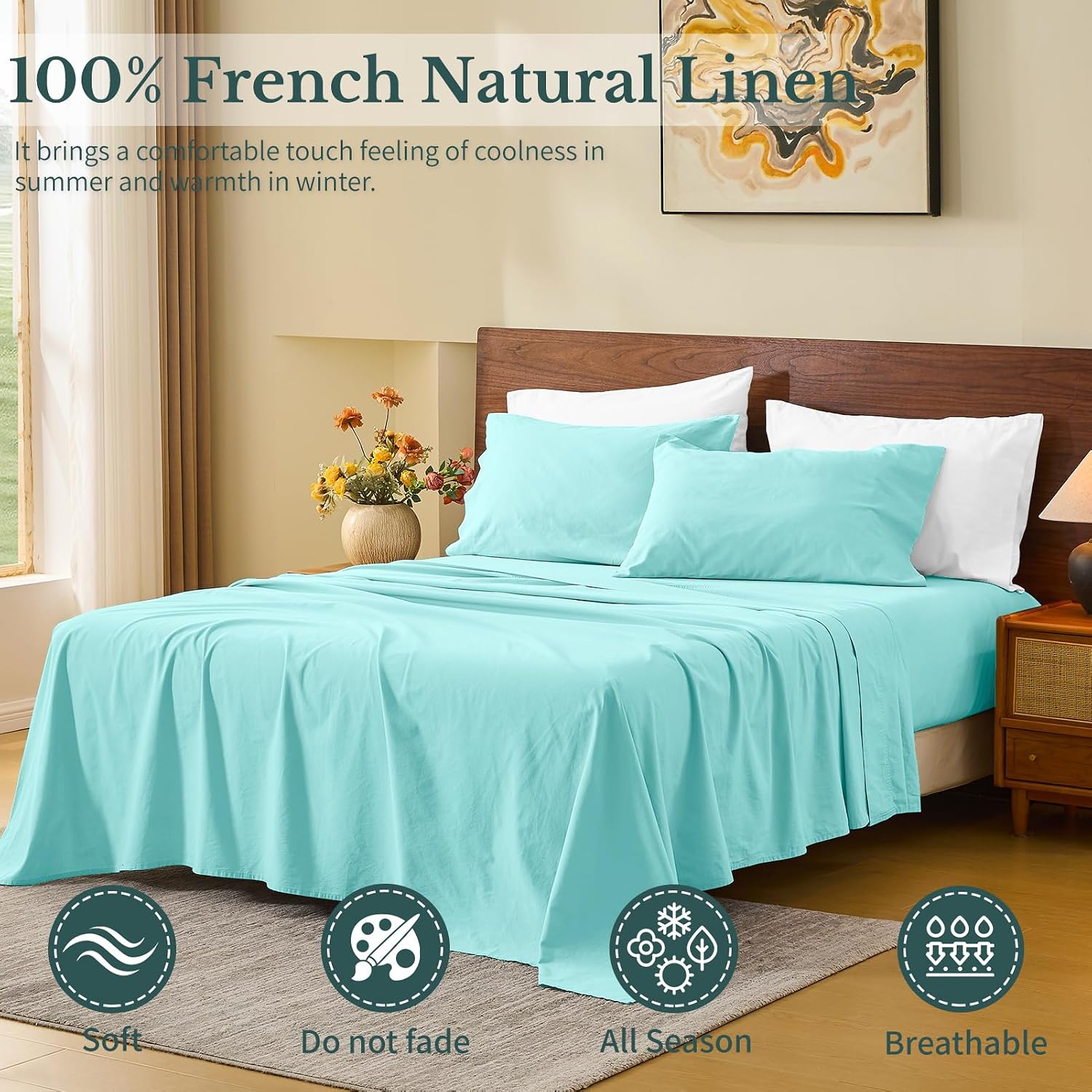 MEISHANG 100% French Pure Linen Sheets King Size - Bed Sheets 4 Piece Sets, Soft Durable Flax Linen, Anti-Tear Breathable Moisture Wicking with 16' Deep Pocket (Light Blue)