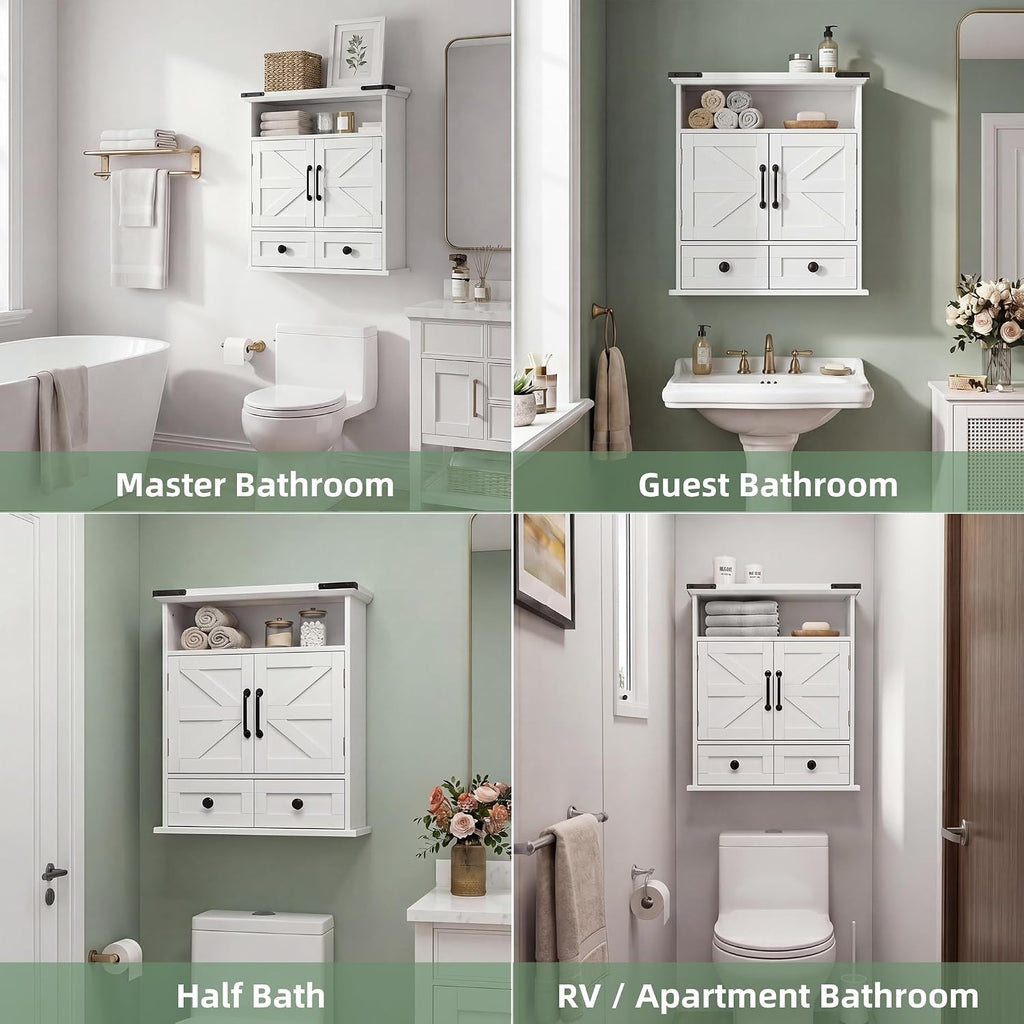 Bathroom Wall Cabinet, 23' x 25' Farmhouse Over The Toilet Storage with Motion LED Light & Safety Drawers, Wooden Medicine Cabinet, Water-Resistant White Organizer (9' Depth)