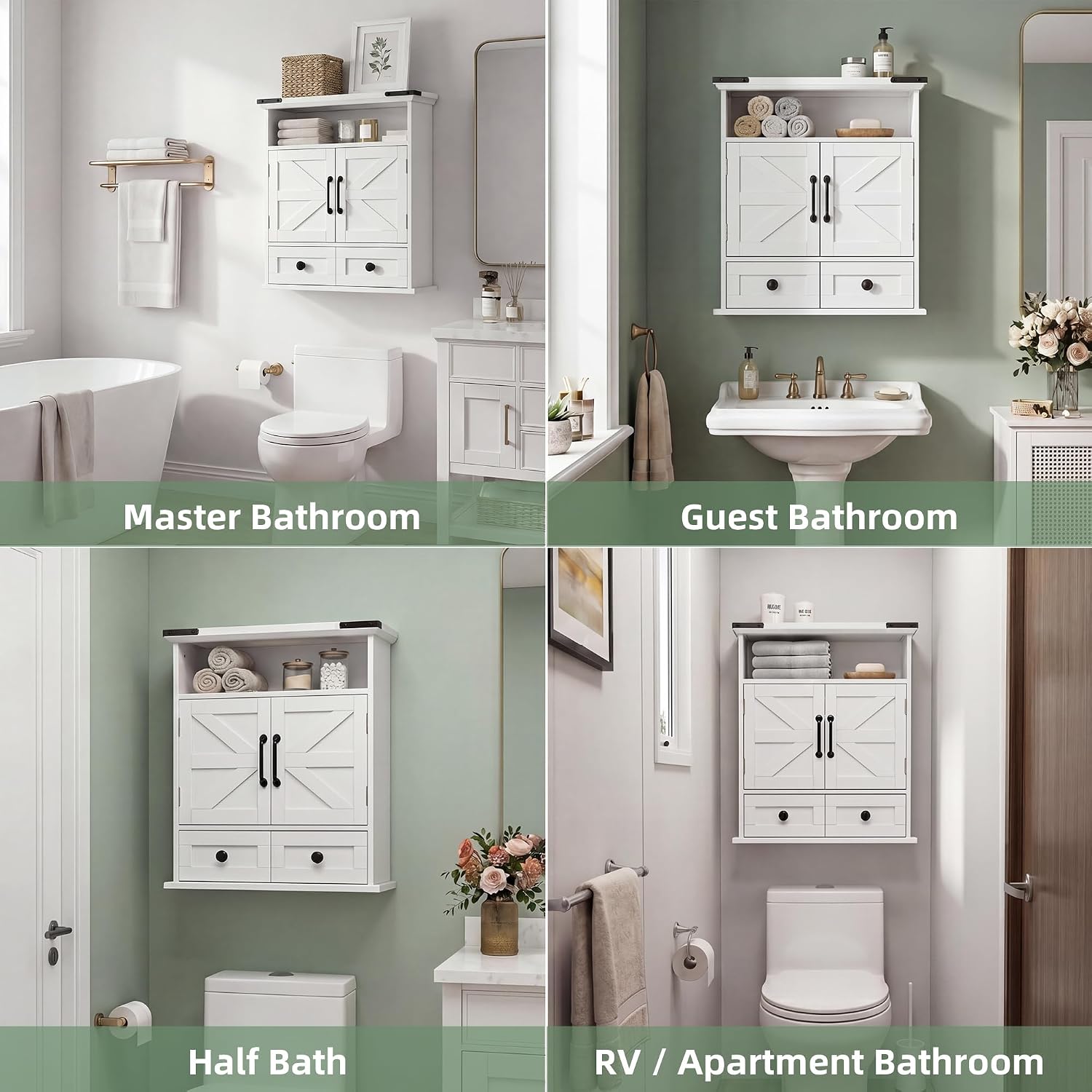 Bathroom Wall Cabinet, 23' x 25' Farmhouse Over The Toilet Storage with Motion LED Light & Safety Drawers, Wooden Medicine Cabinet, Water-Resistant White Organizer (9' Depth)