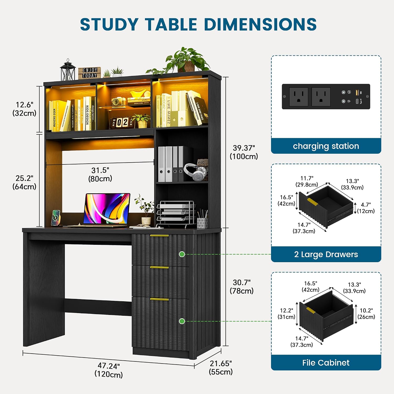 WOOVIVS Standing Desk with LED Light for Office Room, Smart Computer Desk with Hutch and Drawer for Game Room,Modern Study Table with 2AC Port Charging Station/Lamp/for Bedroom (Black)