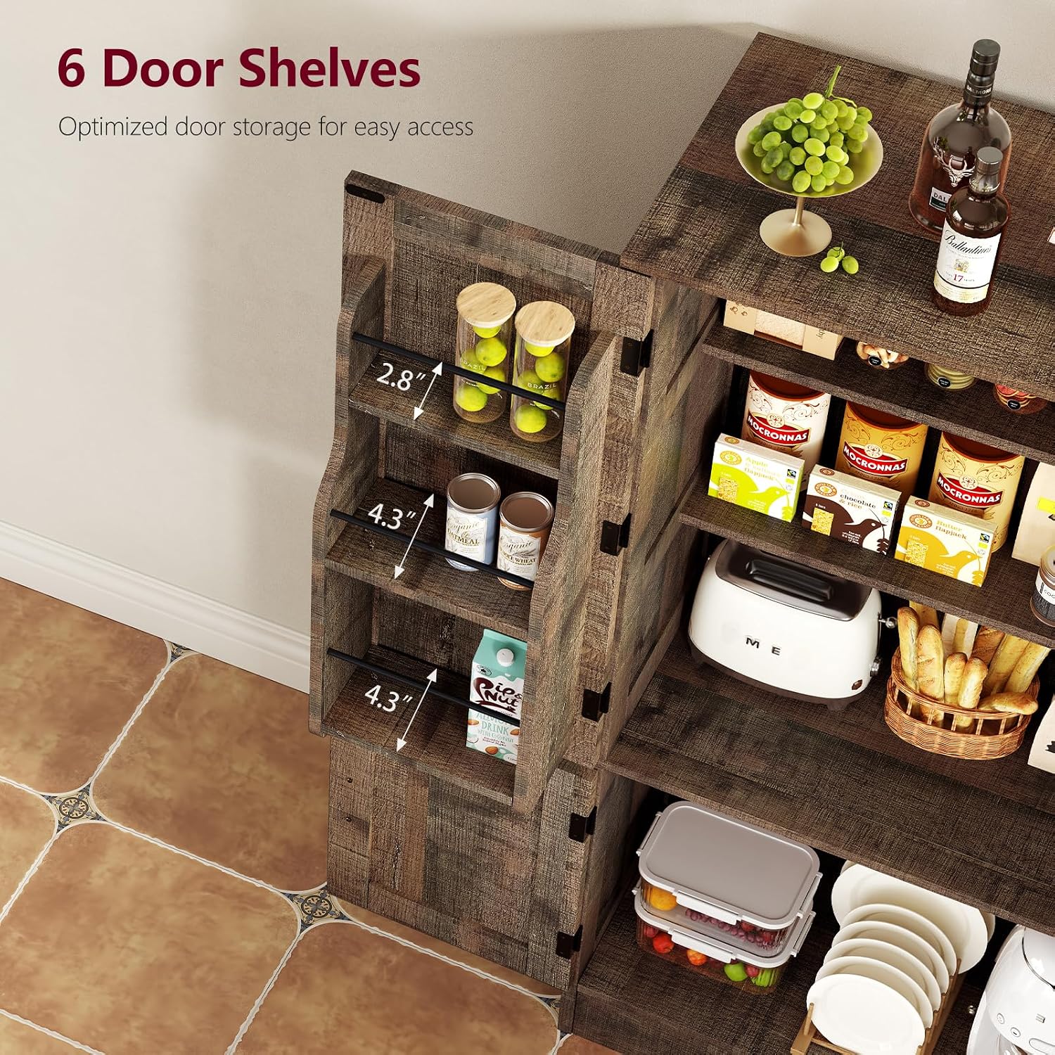 TEENFON Storage Cabinet with 4 Doors, 43.3' H Farmhouse Kitchen Cabinet with 6 Door Shelves, Kitchen Storage Cabinets with Adjustable Shelves, for Living Room, Antique Oak