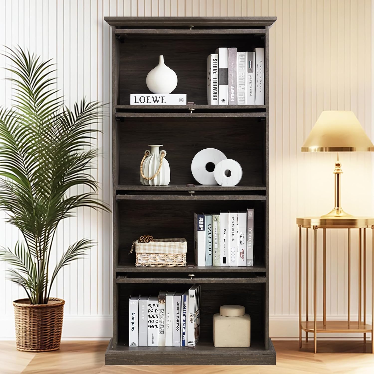 Brown Glass Display Curio Cabinet, Barrister Bookcase with Glass Doors, Rustic Brown Wood Display Cabinet, 31.5'L x 13.7'W x 63'H