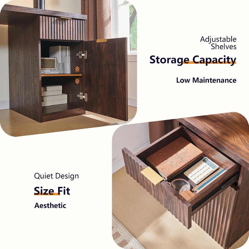 JXQTLINGMU 60' Modern Executive Desk with Storage, Wood Home Office Desk with Drawer & Cabinet, Fluted Computer Writing Desk for Study, Living Room, Bedroom, Dark Walnut