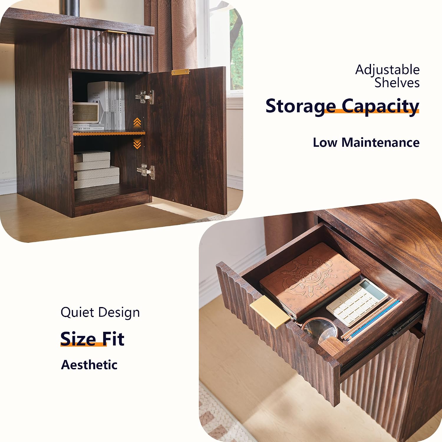 JXQTLINGMU 60' Modern Executive Desk with Storage, Wood Home Office Desk with Drawer & Cabinet, Fluted Computer Writing Desk for Study, Living Room, Bedroom, Dark Walnut