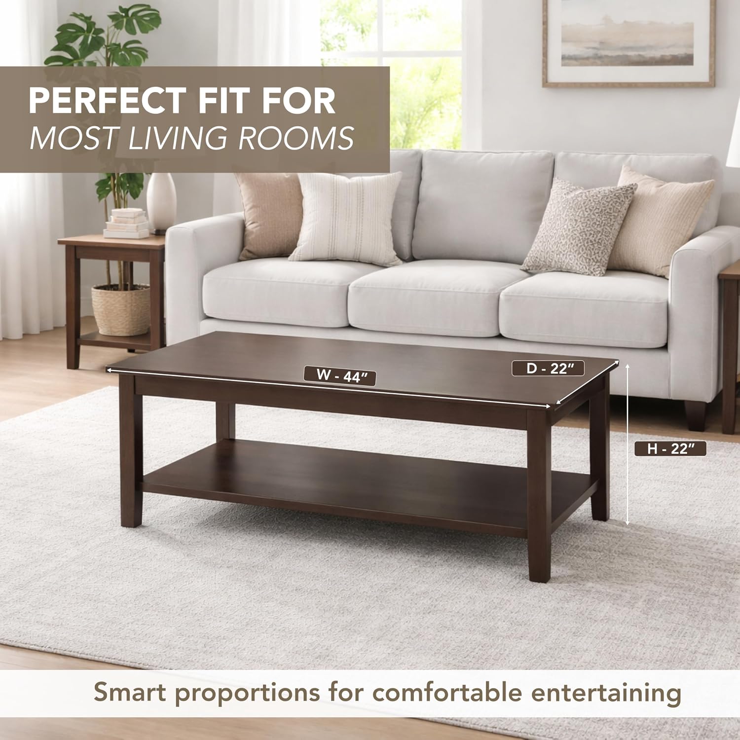 Solid Wood Coffee Table - Dark Walnut Wood Finish, Classic Design