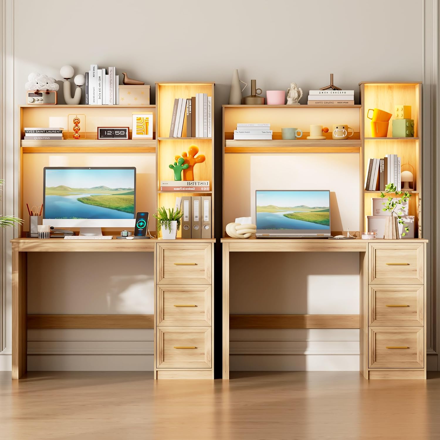LVSOMT 40' Home Office Desk with Hutch and Drawers, Computer Desk with Power Outlets and LED Light, Study Writing Gaming Table with Storage Shelves, Workstation for Bedroom, Wood