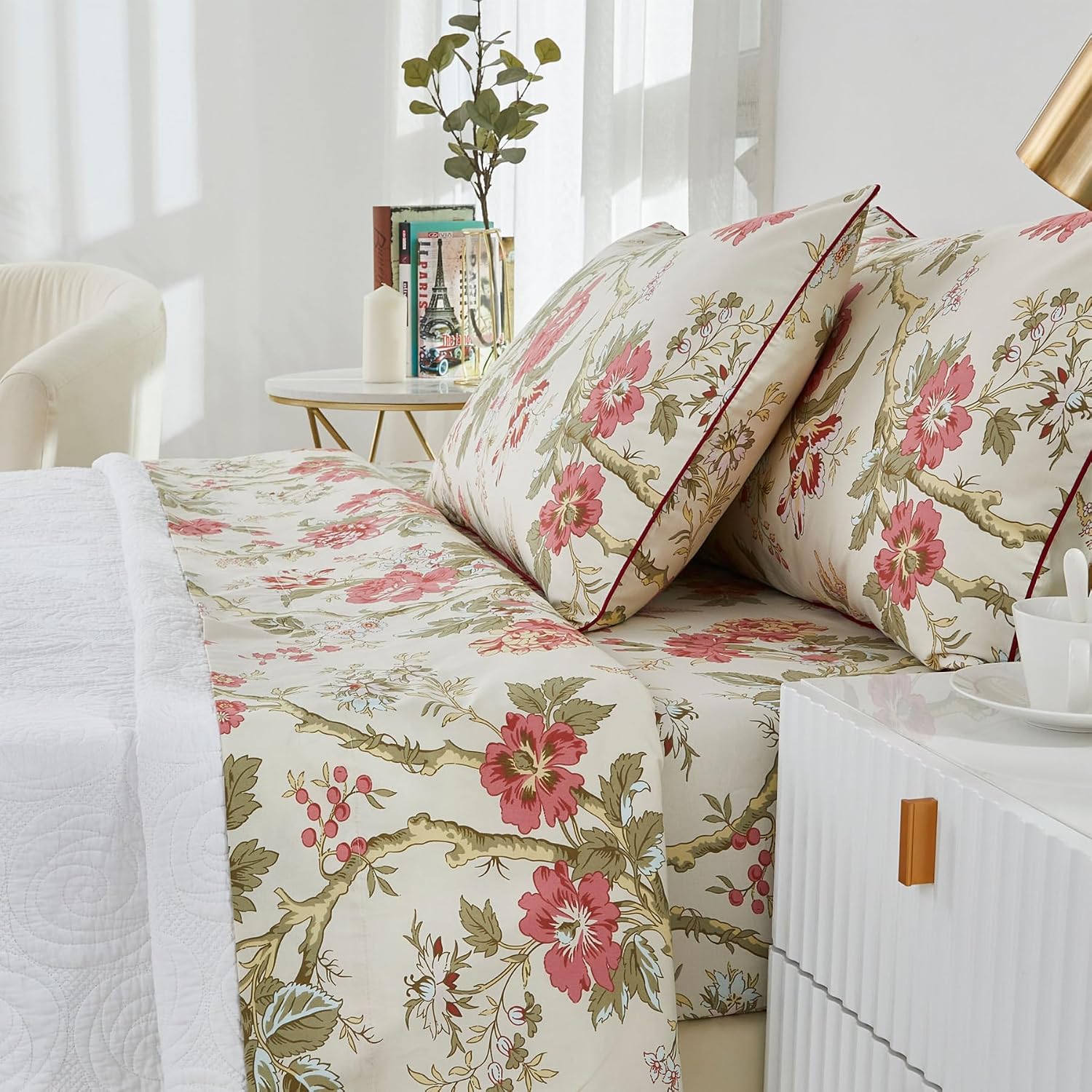 Brandream Floral Bedding Chinoiserie Blossom Farmhouse Sheets Set Queen Size Luxury Grandmillennial Bedding Decor 100% Egyptian Cotton Deep Pocket, 4Pieces Botanical Tree Branches Ornamental Drawing