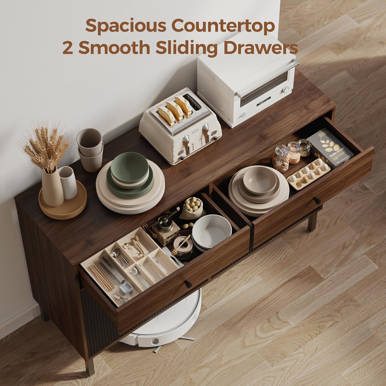 Mericonia Farmhouse Buffet Sideboard Cabinet with Storage, Fluted Coffee Bar with Doors and Adjustable Shelves, Modern Wood Console Cabinet with Drawers (4 Door, Walnut&Black 2 Drawer)