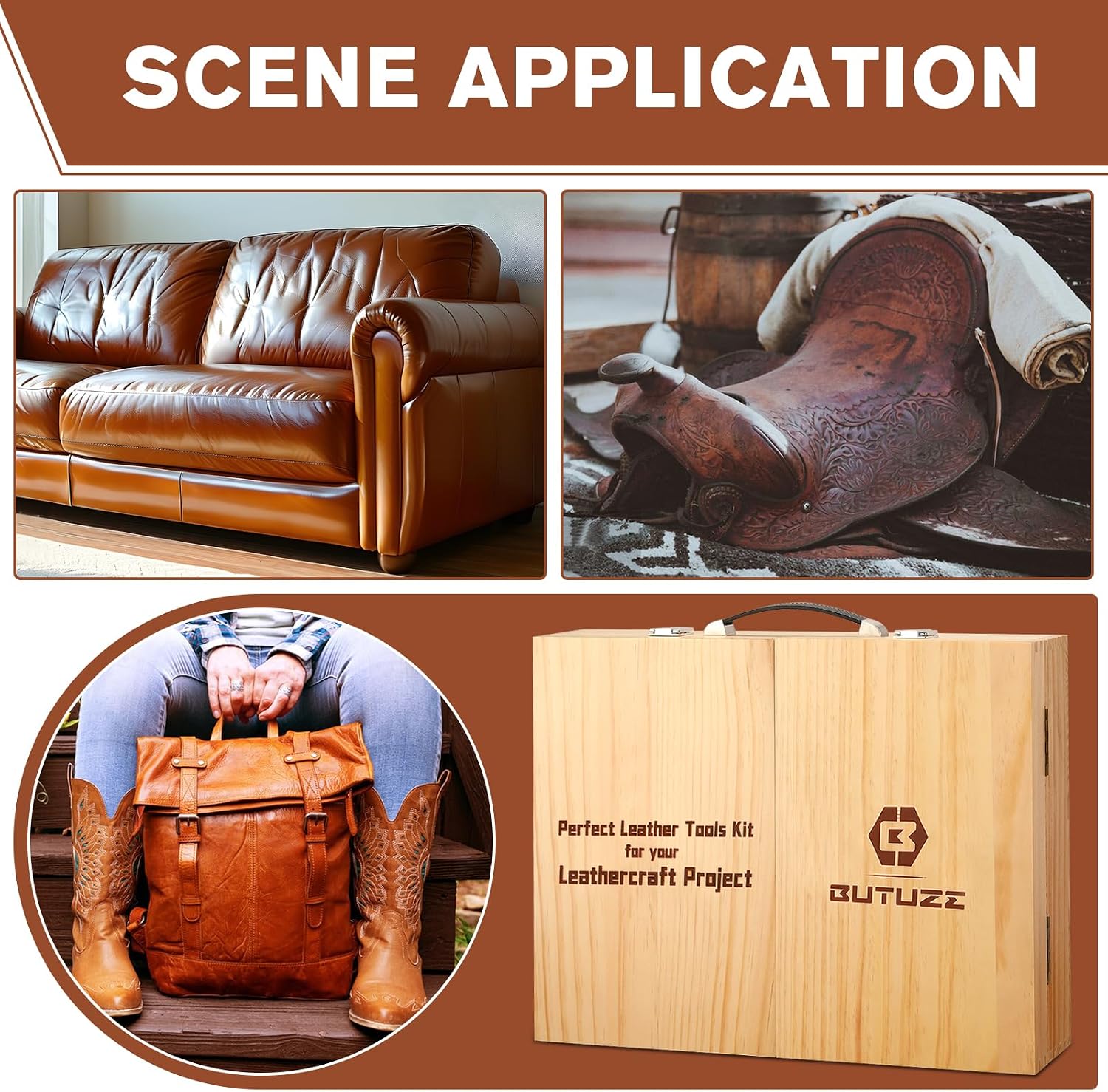 BUTUZE Leather Working Kit, Boxed Leather Tooling Kit, Leather Crafting Tool Kit, Cutting, Punching, Carving, Heavy Duty Leather Sewing Kit Professional Leather Working Tools and Supplies