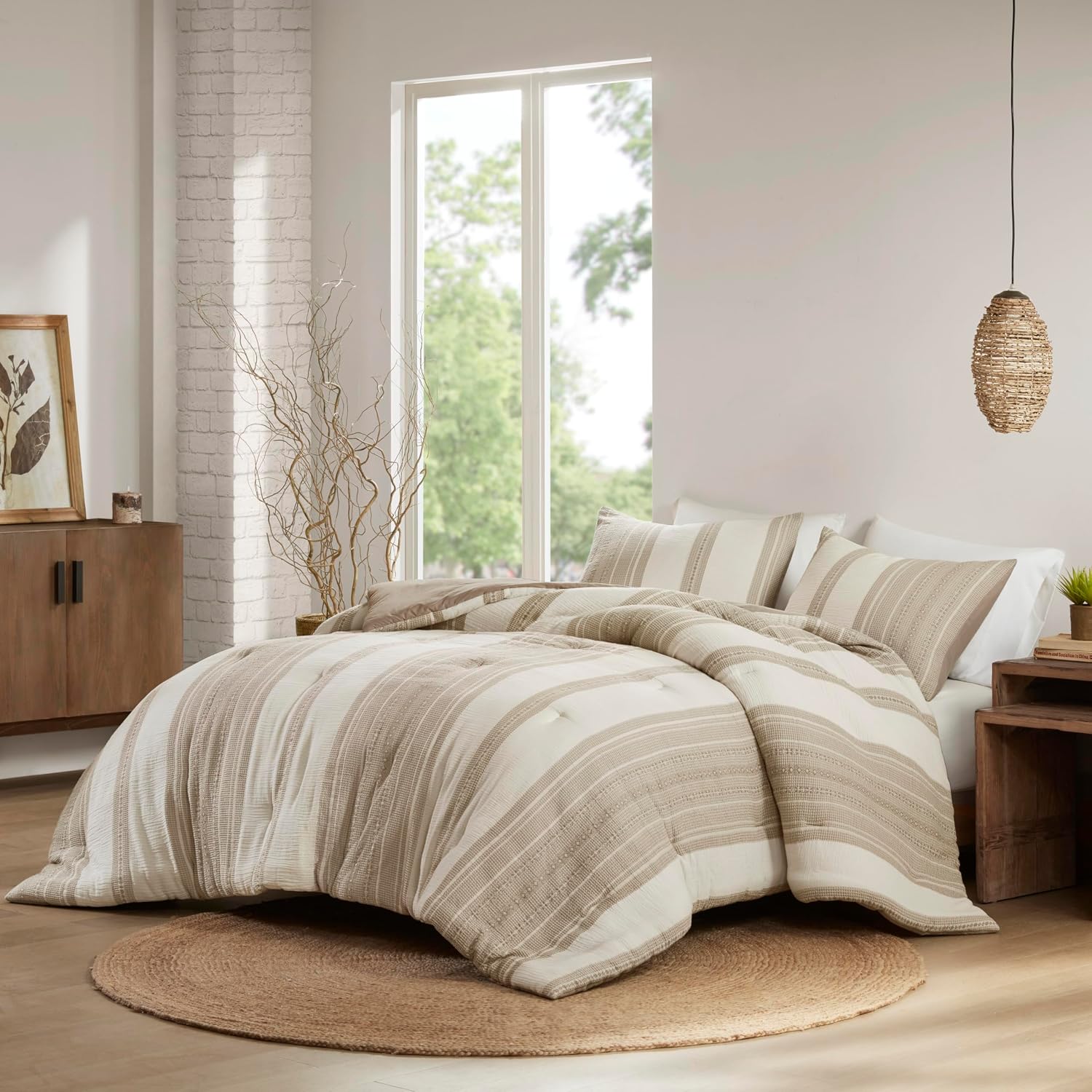 Woolrich King Comforter Set Cotton Striped, Oversized Comforter, All Season Down Alternative Overfilled King Size Comforter, Mesa, King/Cal K Tan 3 Piece