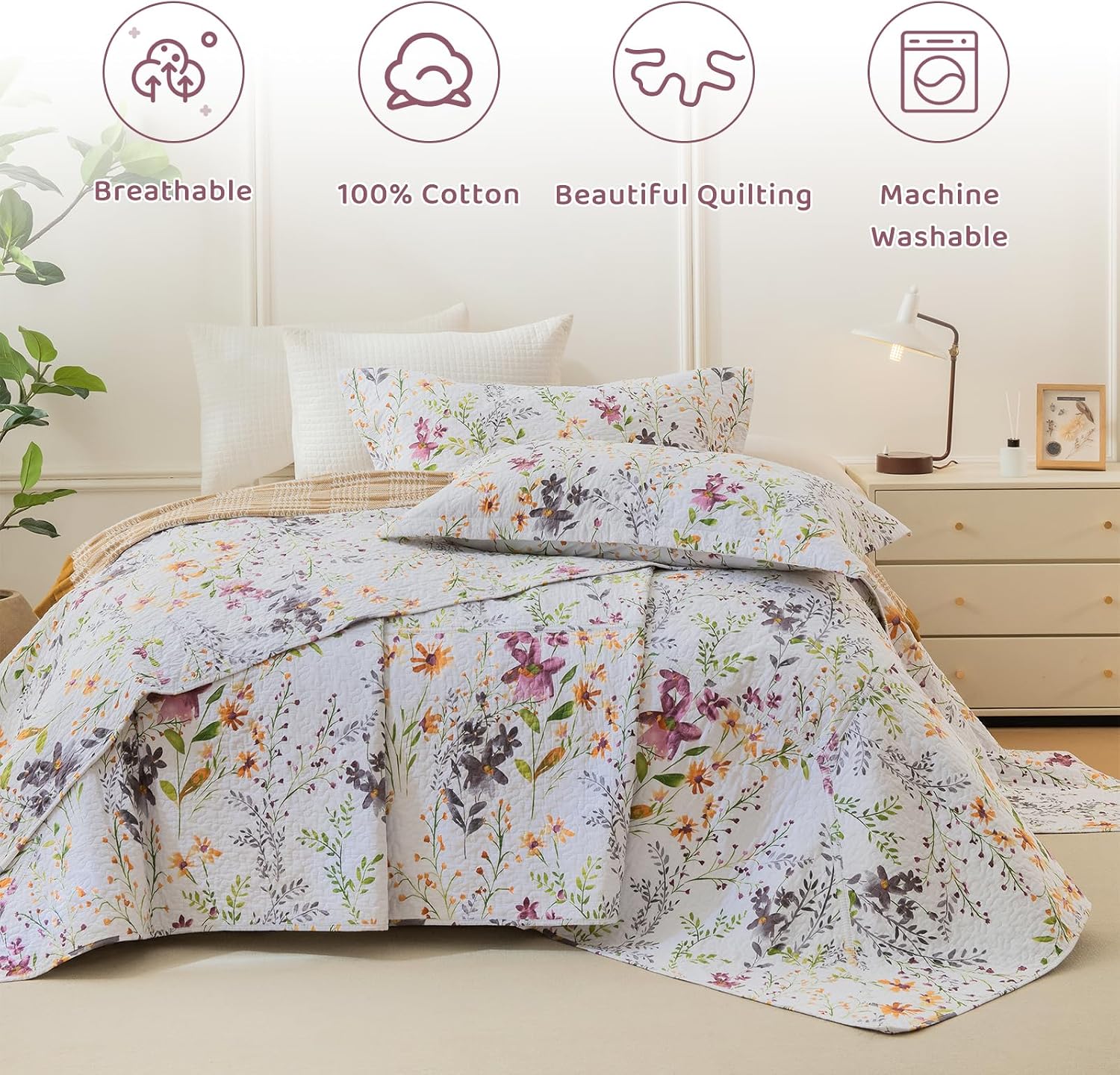 Sanracie California King Quilt Bedding Set(118'x106'), 100% Cotton Floral Aesthetic Bedspread Sets 3Pcs Soft Lightweight Yellow Wild Flower Botanical Printed Pattern Coverlet Set