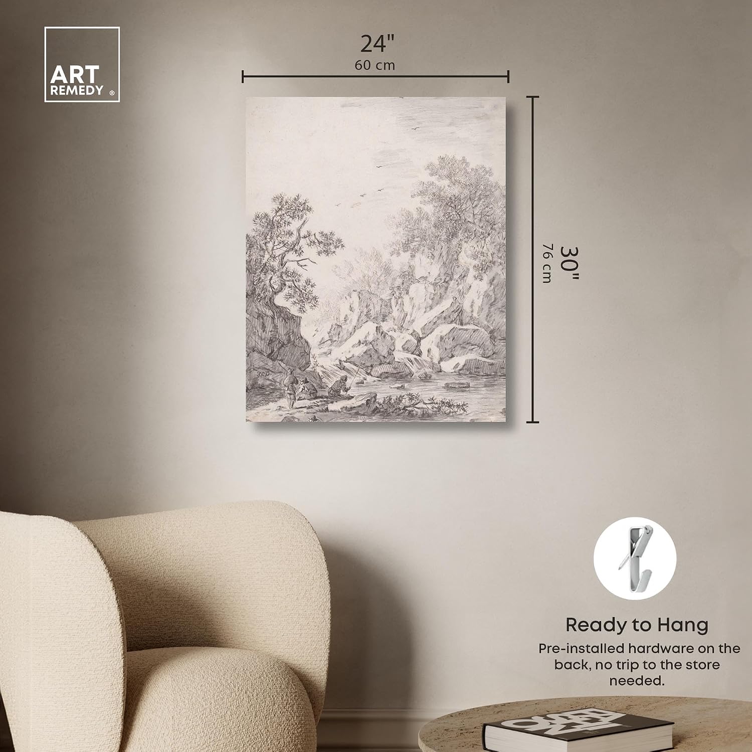 Art Remedy A Waterfall by Rock Cliffs 1750s Canvas Classic Sketches, Gallery Wrapped, 24' x 30'