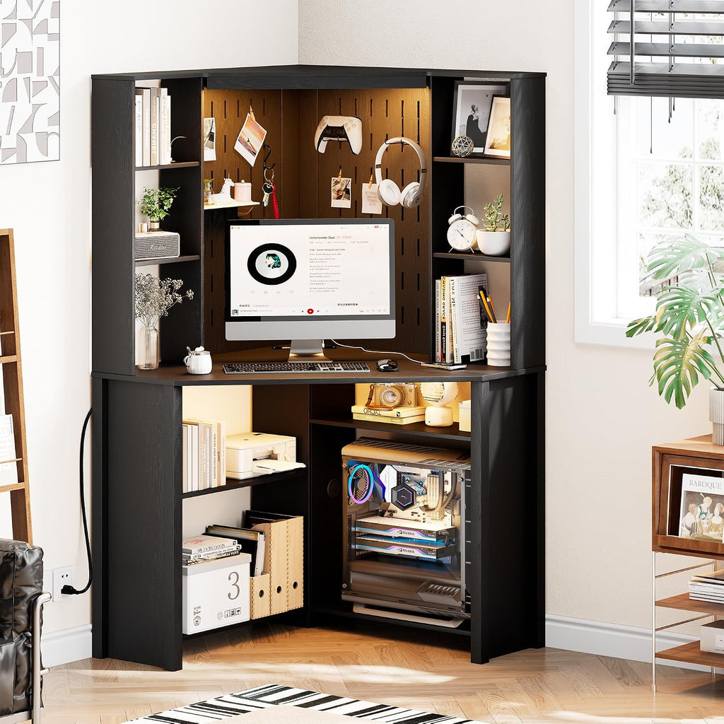 HNEBC Home Office Desk with Pull-Out LED,L-Shaped Corner Desk with Pull-Out LED Lights & Chariging Station,Computer Desk with Hutch & 10 Shelves,Pegboards for Work & Study,Black