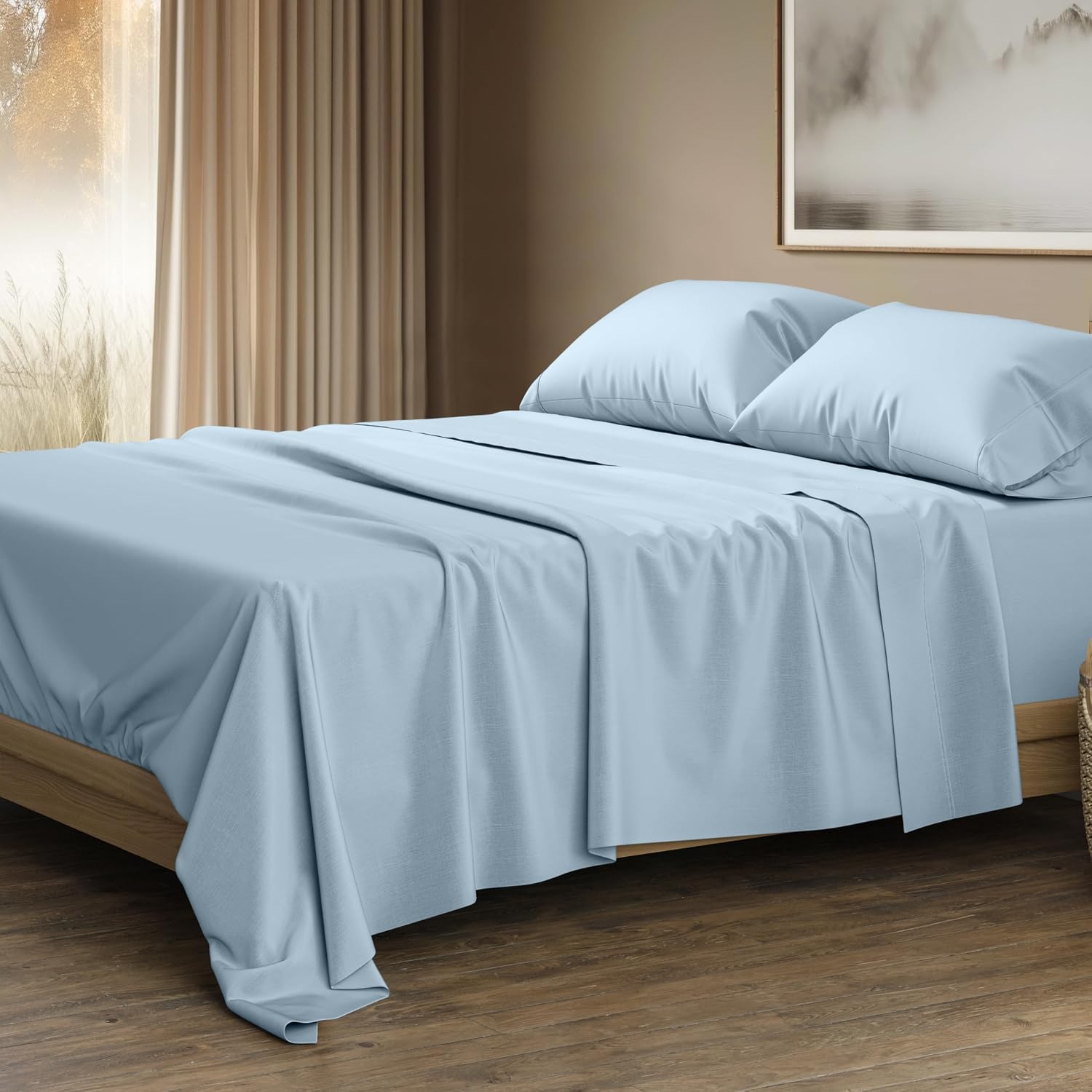 THREAD SPREAD 100% Egyptian Cotton Sheets Queen Size - Luxury 1500 Series Queen Sheet Set Egyptian Cotton (4 PC, Light Blue), Silky Soft, Sateen Weave, Cooling & Breathable, 17' Deep Pocket Bed Set
