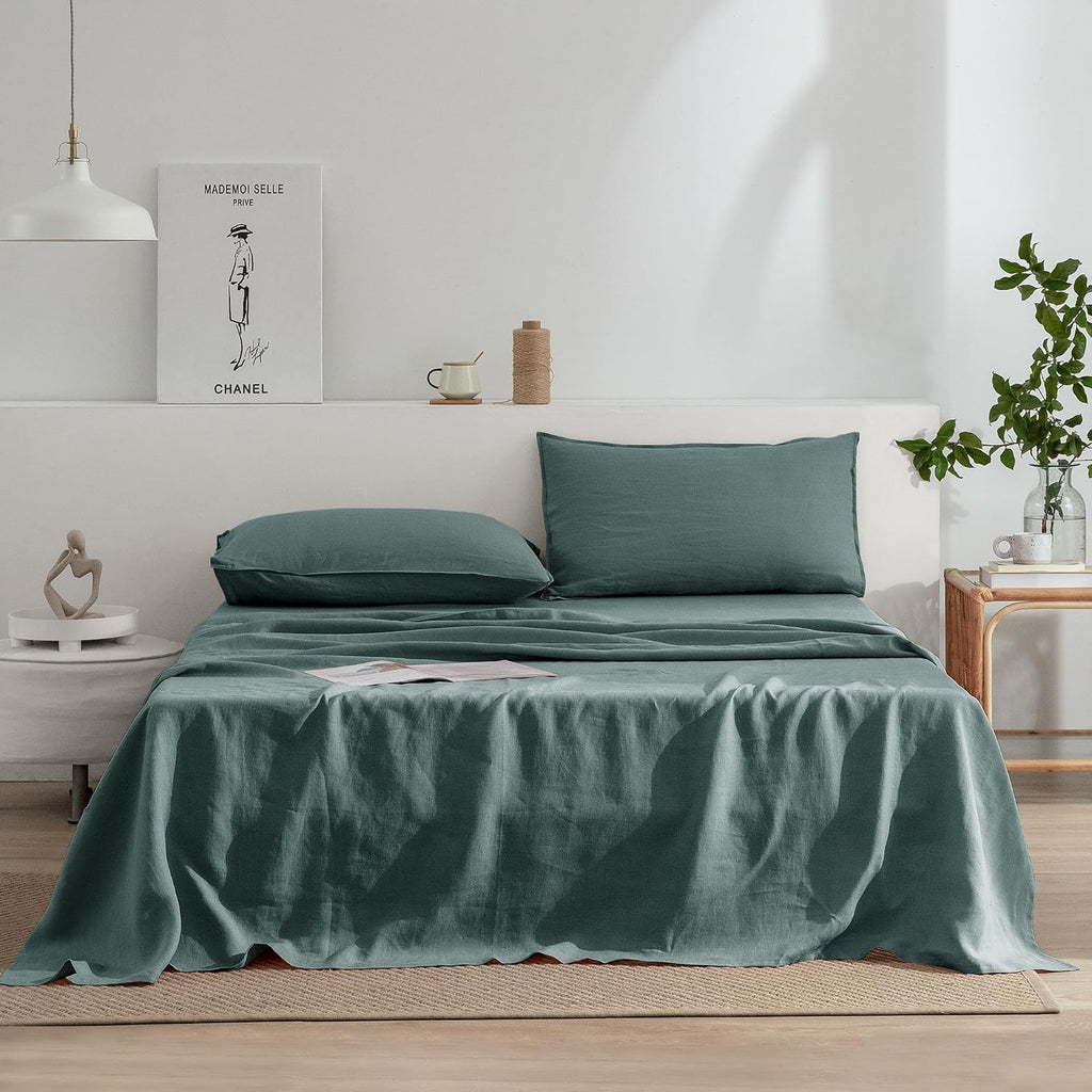 EVERLY Linen Sheets Set Twin Size,100% French Stonewash Pure Linen Sheets Set,3Pieces (1Flat Sheet,1Fitted Sheet,1Pillowcase) Suitable for Hot Sleepers,Deep Pocket Bedding Set-Aqua
