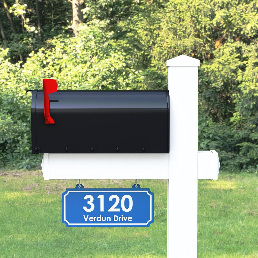 4Ever Products The Rockport Vinyl Mailbox Post System - Includes Black Steel Mailbox and Custom Street Address (Blue)