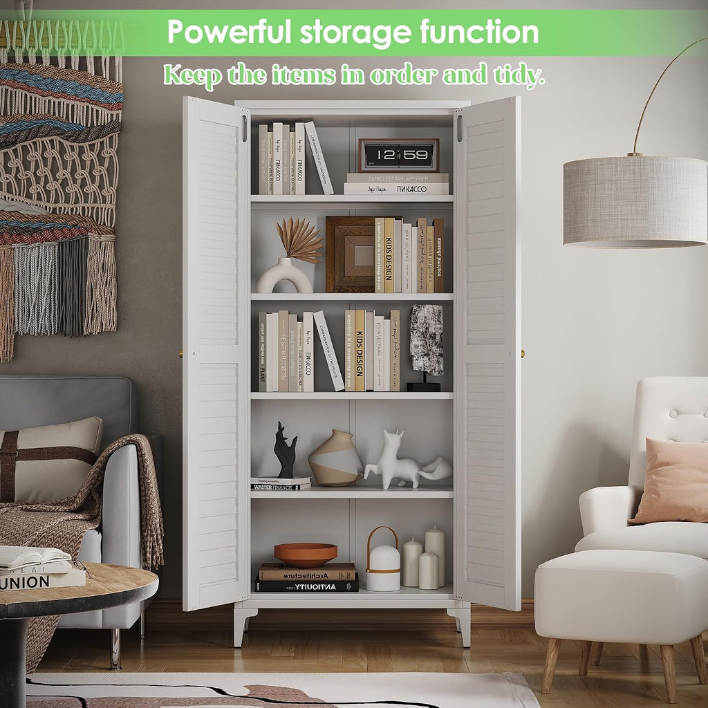 Metal Storage Cabinet with 2 Doors and 4 Adjustable Shelves, Metal Pantry Cabinet for Kitchen Living Room, Required Assembly, White,13.78' D x 27.56' W x 63.58' H