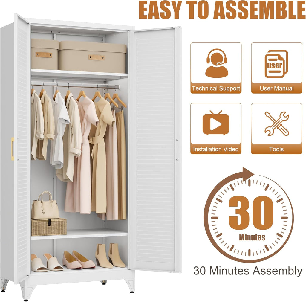 Armoire Wardrobe Closet, 71' Tall Metal Storage Cabinet with Louvered Doors and Adjustable Shelves, Clothes Wardrobe Cabinet with Hanging Rod, White Armoire, Steel Closet for Bedroom, Office