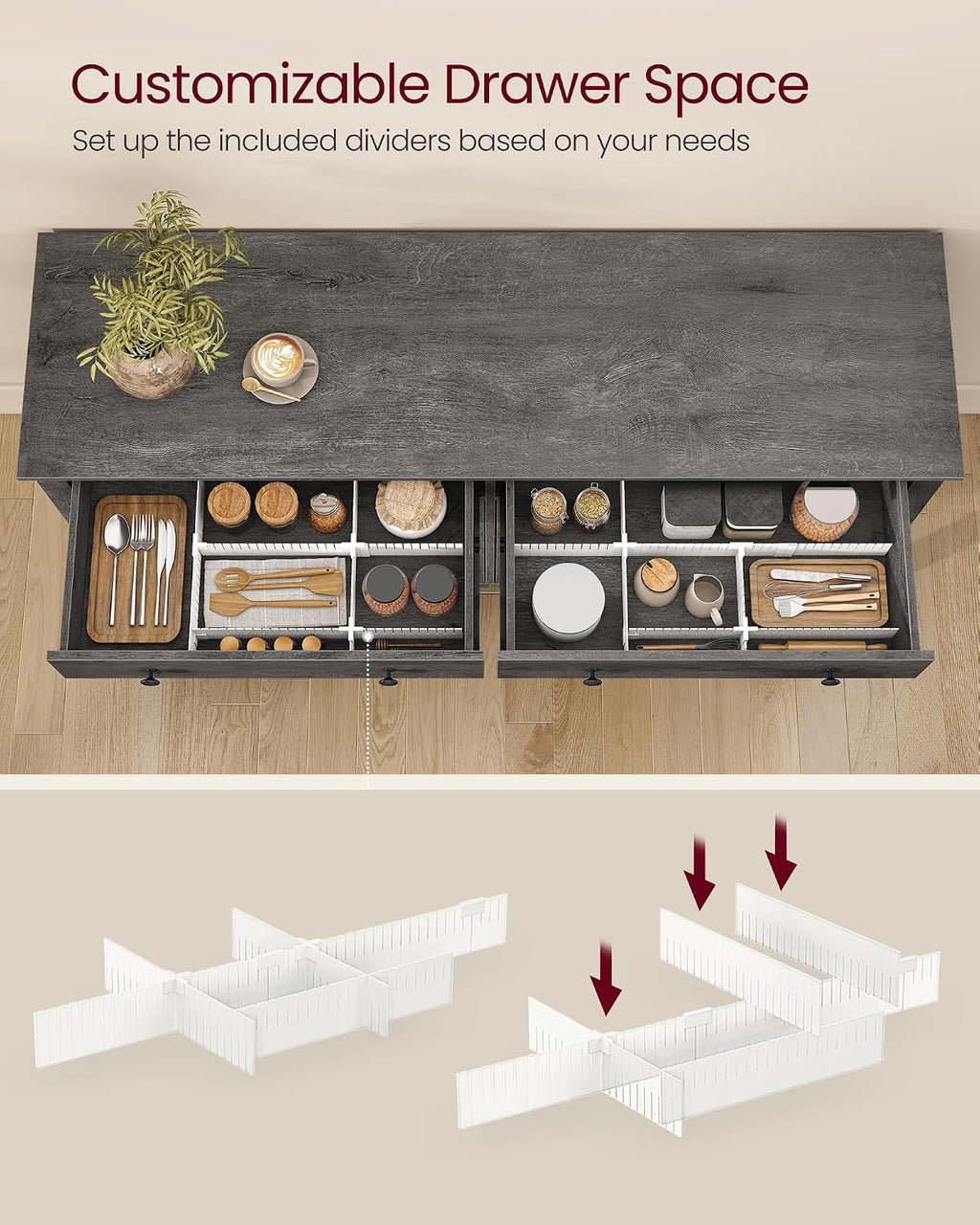 VASAGLE LIRY Collection - Buffet Cabinet, Coffee Bar Cabinet with 2 Drawers, Adjustable Shelves, Sideboard Storage with Cable Holes, Drawer Dividers, Misty Gray UBBK381GW01S