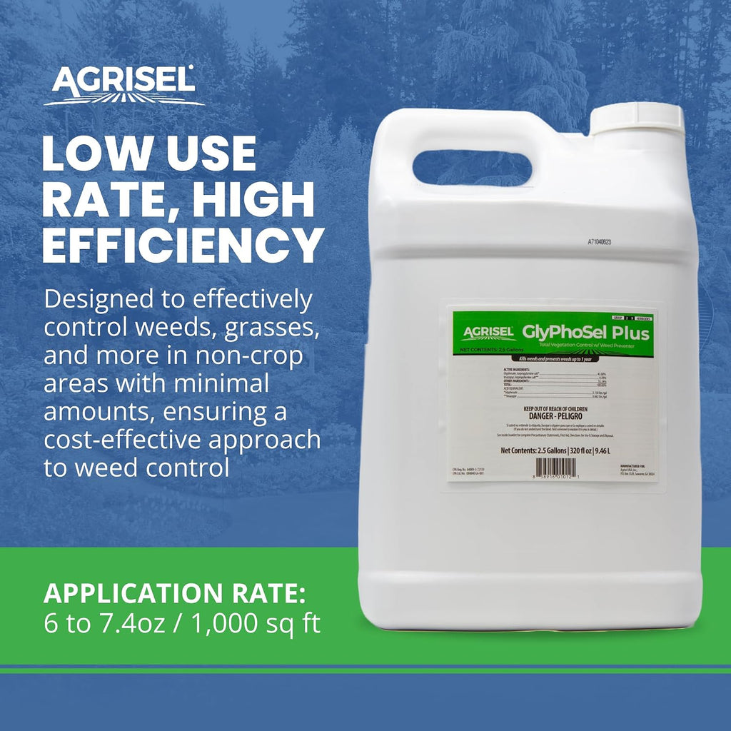 Agrisel GlyPhoSel Plus Weed Killer, Post Emergent, Long-Lasting Action, Eliminates Tough Weeds from Leaf to Root, For Non-Crop Areas, Pet Safe, Includes 3-pack of Agrisel Protective Gloves, 320 Ounces