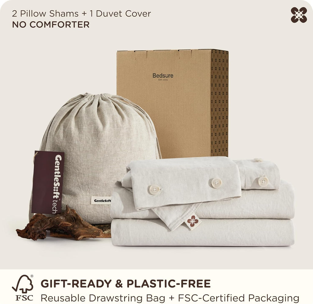 Bedsure 100% Linen Duvet Cover Queen Size, Washed 170 GMS European Flax-Linen, Soft 3pcs Bedding Set with Button Closure for Farmhouse, PureWoven Texture & Breathable for Hot Sleeper, Linen, Queen