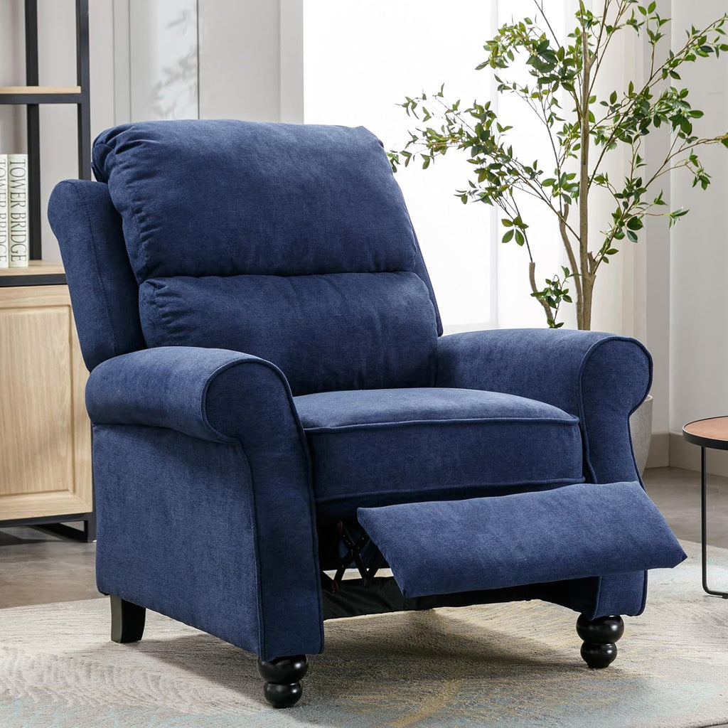 IOMOR Push Back Recliner Chair, Fabric Armchair Overstuffed Pushback Recliner, Heavy Duty Single Sofa Chair with Padded Seat Solid Wood Legs for Living Room (Blue)