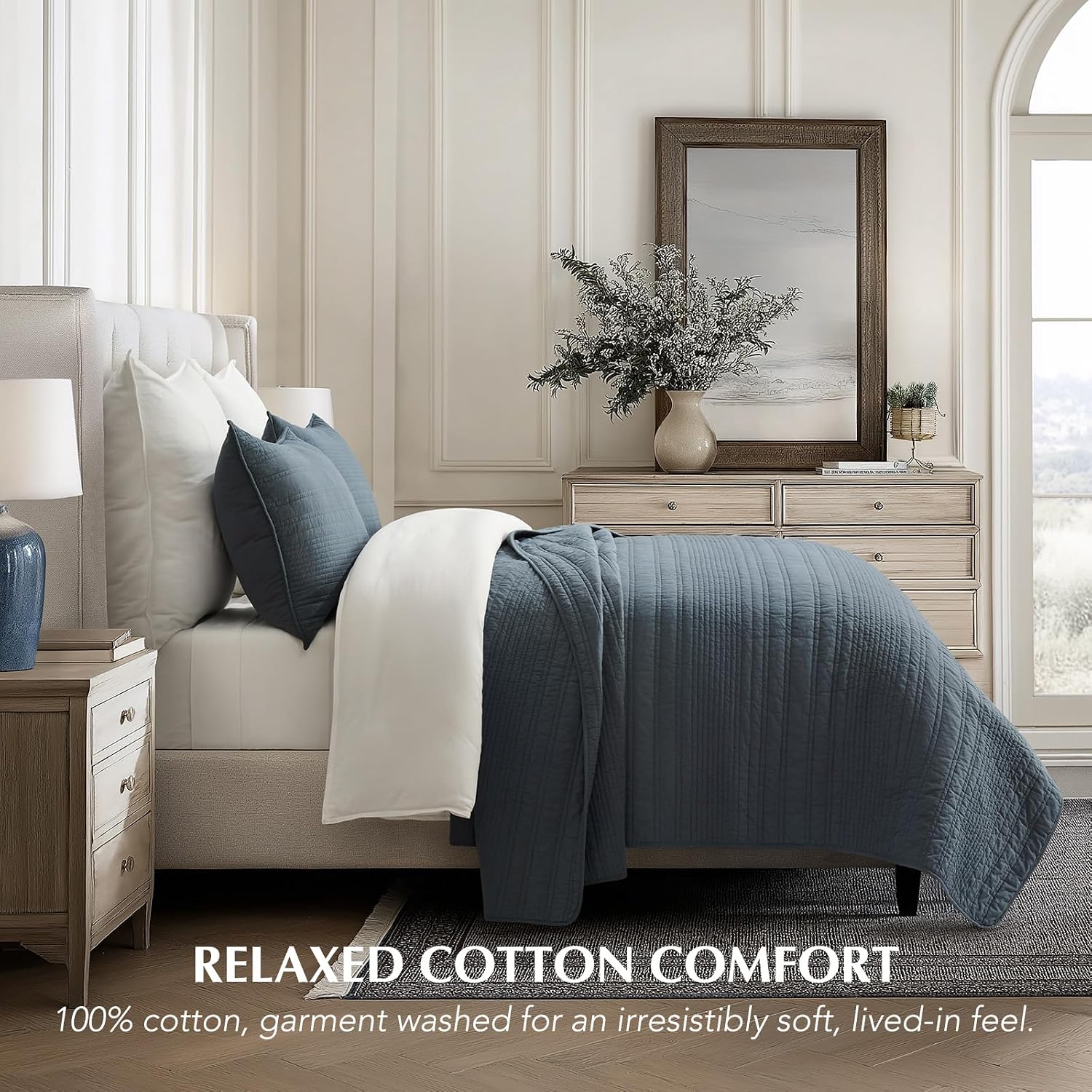 EVERGRACEHOME 100% Cotton Modern Lines Quilt Set Oversized King, Pre-Washed Soft Striped Coverlet Bedspread, 3 Piece Lightweight Bedding Set for All Season, with 2 Pillow Shams, Midnight Blue