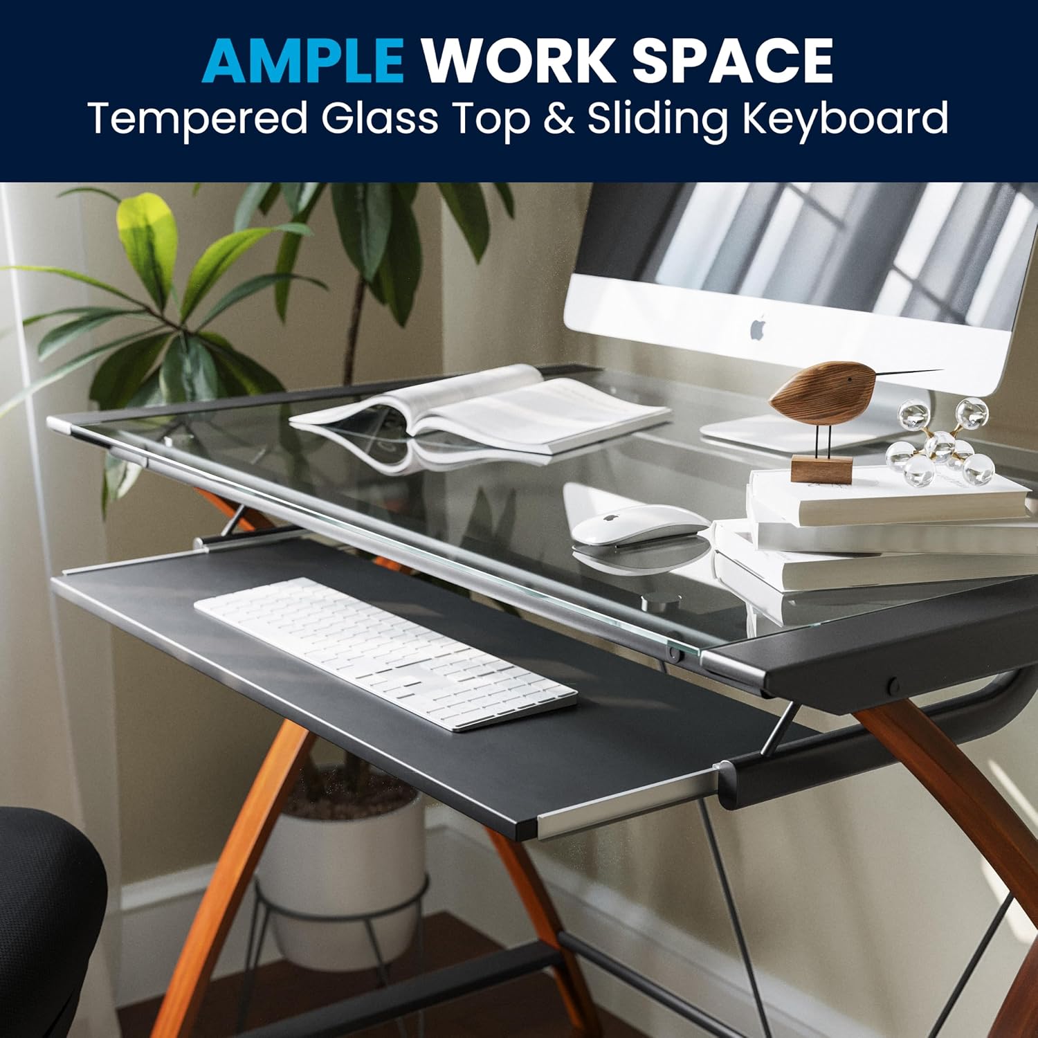 Flash Furniture Jude Tempered Glass Computer Desk with Pull-Out Keyboard Tray and Crisscross Frame, Small Computer Desk for Home Office, Cherry/Clear