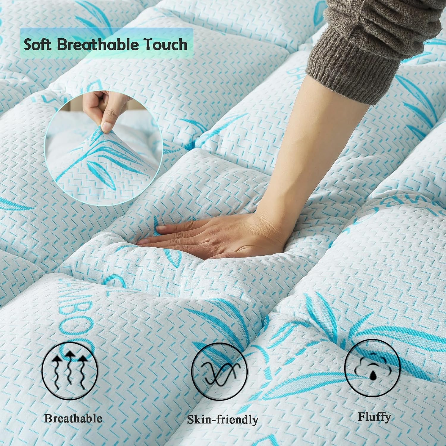 WhatsBedding 5 Inch King Mattress Topper Breathable Bamboo Viscose Air Layer,Memory Foam Mattress Topper King Size Blue.
