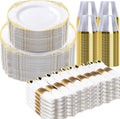 Bestluck 700PCS Gold Plastic Plates for 100 Guests, Disposable Dinnerware Sets Include 200 Gold Rim Plastic Plates, 100 Silverwares, 100 Cups, and 100 Pre Rolled Napkins for Party, Wedding, Graduation