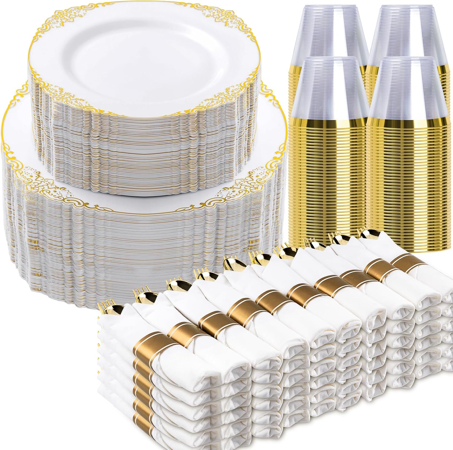 Bestluck 700PCS Gold Plastic Plates for 100 Guests, Disposable Dinnerware Sets Include 200 Gold Rim Plastic Plates, 100 Silverwares, 100 Cups, and 100 Pre Rolled Napkins for Party, Wedding, Graduation