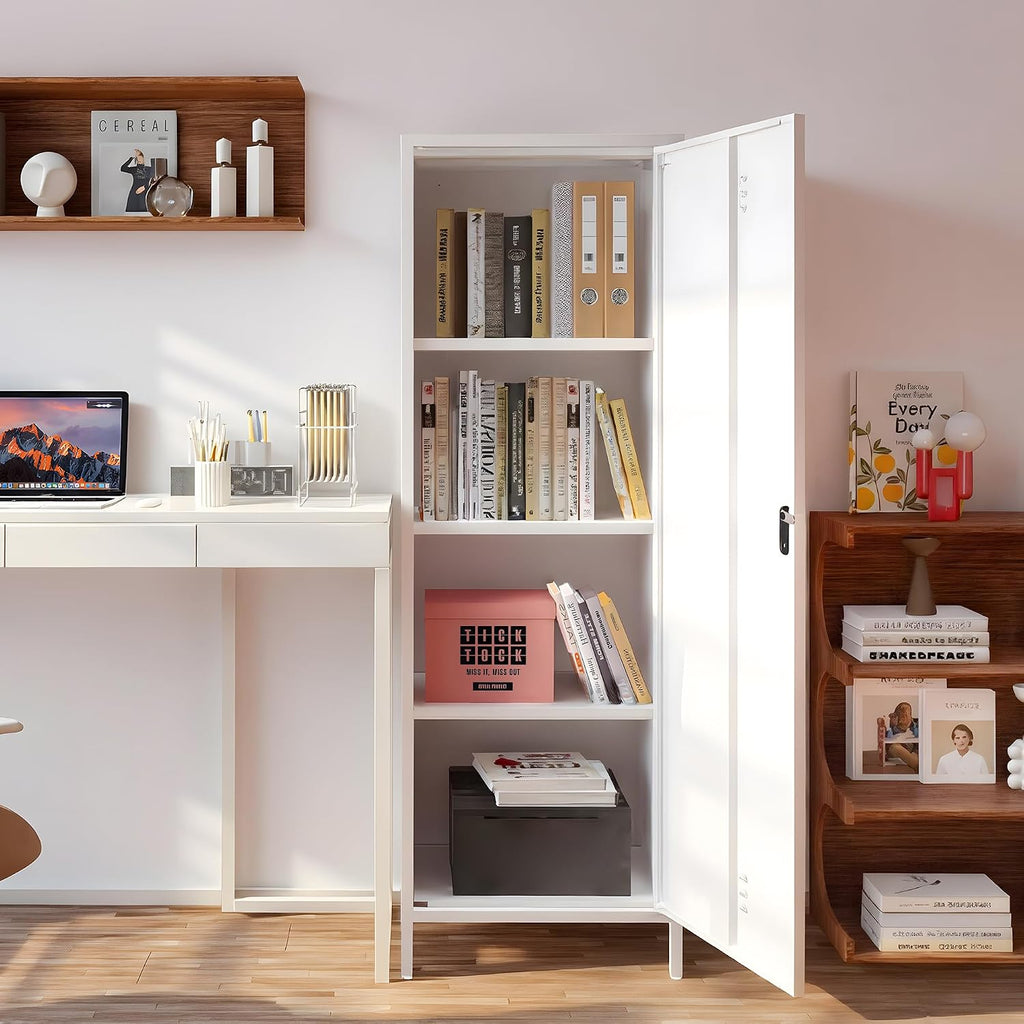 Narrow Pantry Cabinet Metal Skinny Cabinet Lockable Storage Cabinet with Door and Removable Shelves for Kitchen Pantry (White)