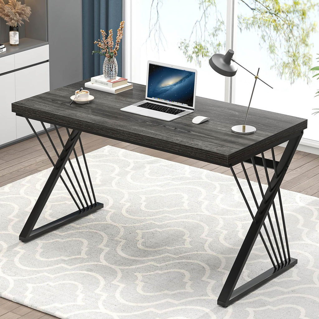 FOLUBAN Modern Home Office Desks, Rustic Wood and Metal Computer Desk, Industrial Writing Study Gaming Table for Living Room Bedroom, Dark Gray, 47 Inch