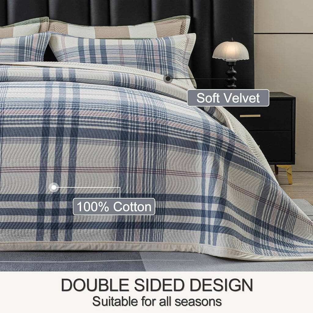 tohrisa Cotton Plaid Quilt Set, Ultra Soft 3 Pieces King Size Bedding with 2 Pillow Shams, Lightweight Reversible Coverlet Bedspread with Wave Quilting for Summer, 108'x96', Grid-Blue White