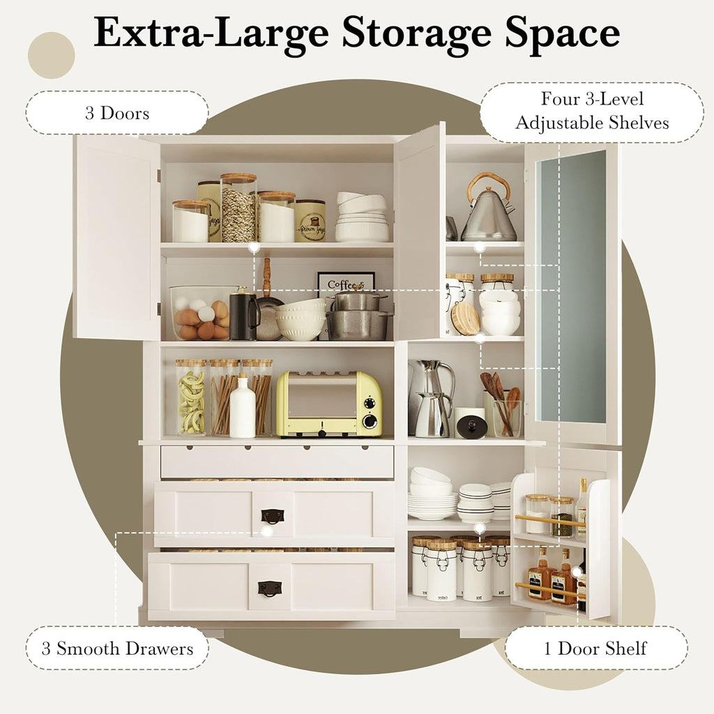Modern 78.3 inch Large Kitchen Pantry Storage Cabinet, Traditional Buffet Cabinet with Hutch and Drawers, Wood Freestanding Tall Storage Cabinet with Door Shelf and Adjustable Shelves (White//2)