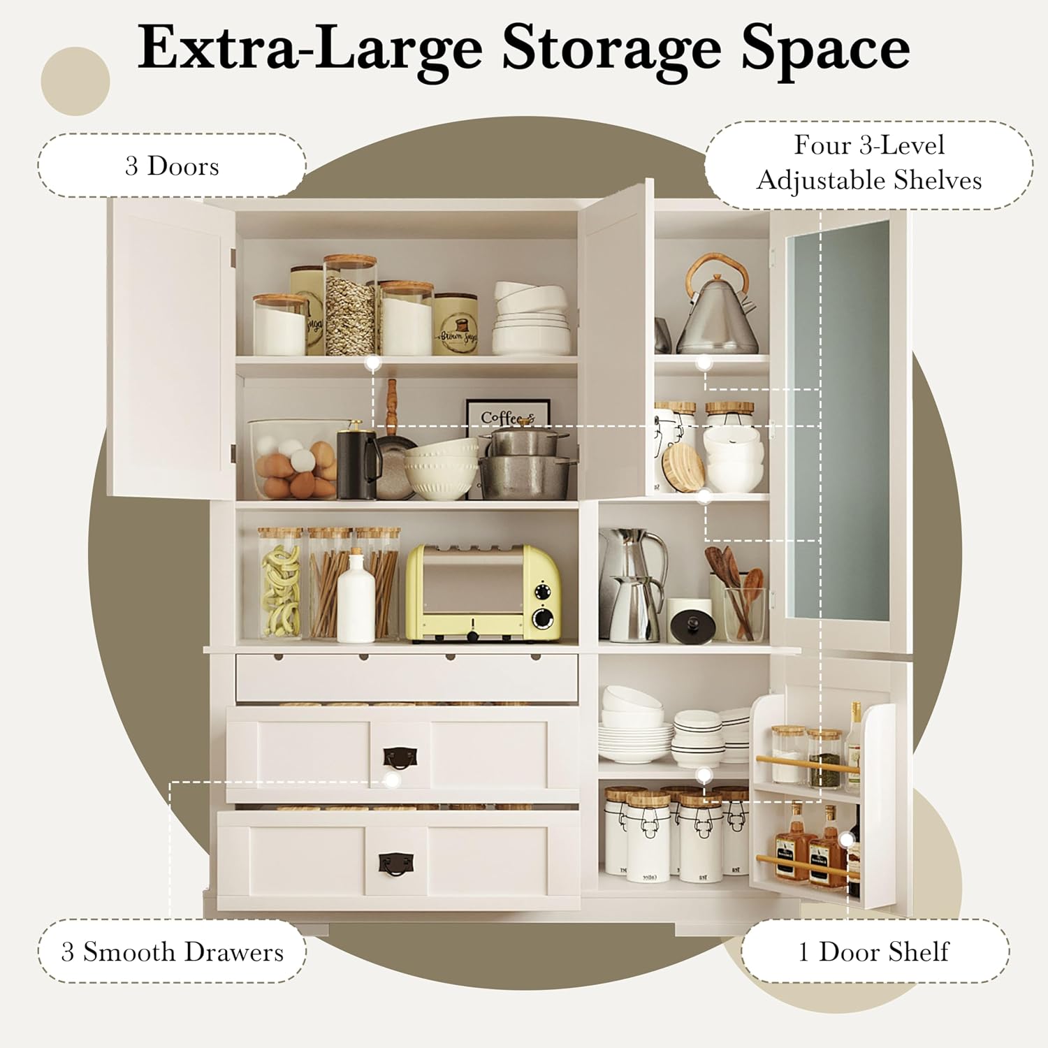 Modern 78.3 inch Large Kitchen Pantry Storage Cabinet, Traditional Buffet Cabinet with Hutch and Drawers, Wood Freestanding Tall Storage Cabinet with Door Shelf and Adjustable Shelves (White//2)