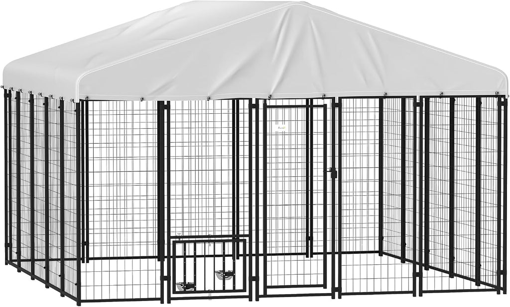 PawHut 10' x 10' x 6' Outdoor Dog Kennel, Welded Wire Dog Kennel Outside Run with 360° Rotating Bowls, Waterproof & UV Resistant Cover, for S&M&L Breeds, Chickens, Ducks, Sliver