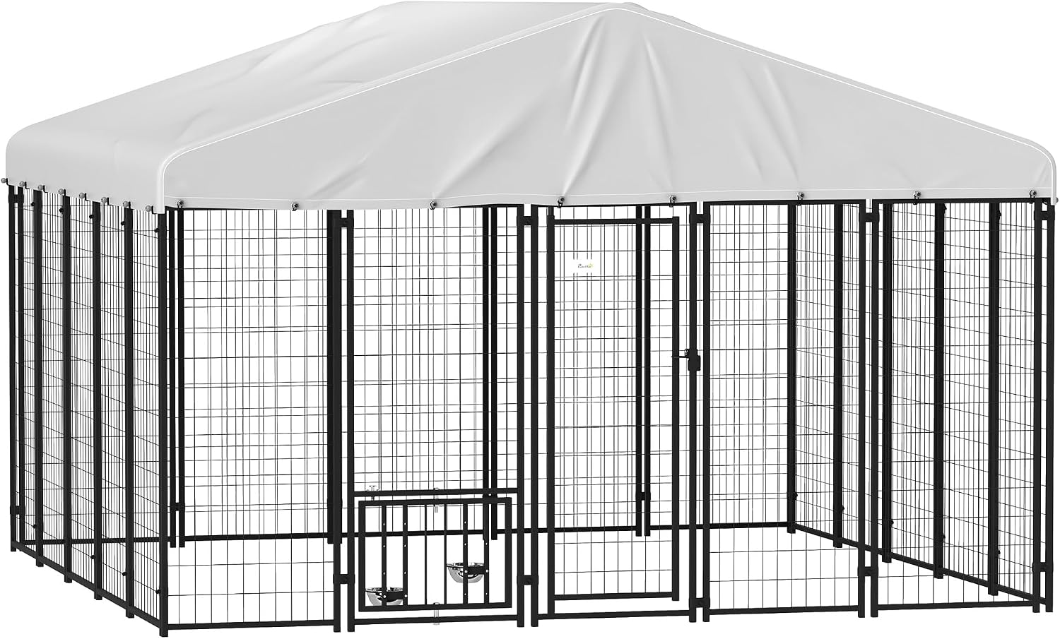 PawHut 10' x 10' x 6' Outdoor Dog Kennel, Welded Wire Dog Kennel Outside Run with 360° Rotating Bowls, Waterproof & UV Resistant Cover, for S&M&L Breeds, Chickens, Ducks, Sliver