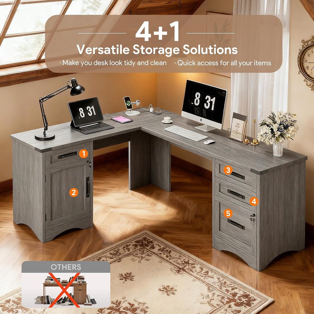 Decofy 67' Farmhouse L Shaped Standing Desk with Drawers Home Office Executive Desks with Fast Charging Station, Lockable File Cabinet, Wood Writing Computer Desk for Work, Study, Grey