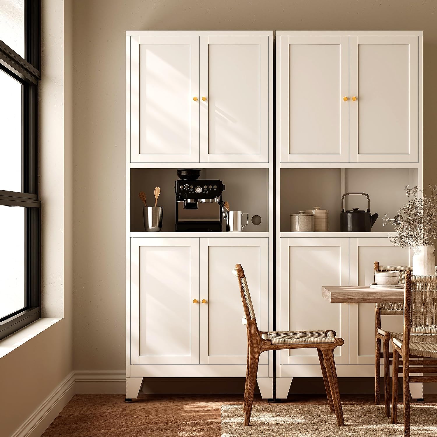 69' H Kitchen Hutch Cabinet with Storage,White Metal Storage Cabinet,Microwave Cabinet,Kitchen Pantry Cabinet with Countertop