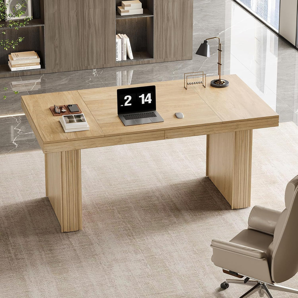 Tribesigns 63' Executive Desk, Modern Executive Office Desk with Thickened Desktop and Heavy-Duty Legs, Wood Writing Workstation Study Table Conference Table for Office, Natural