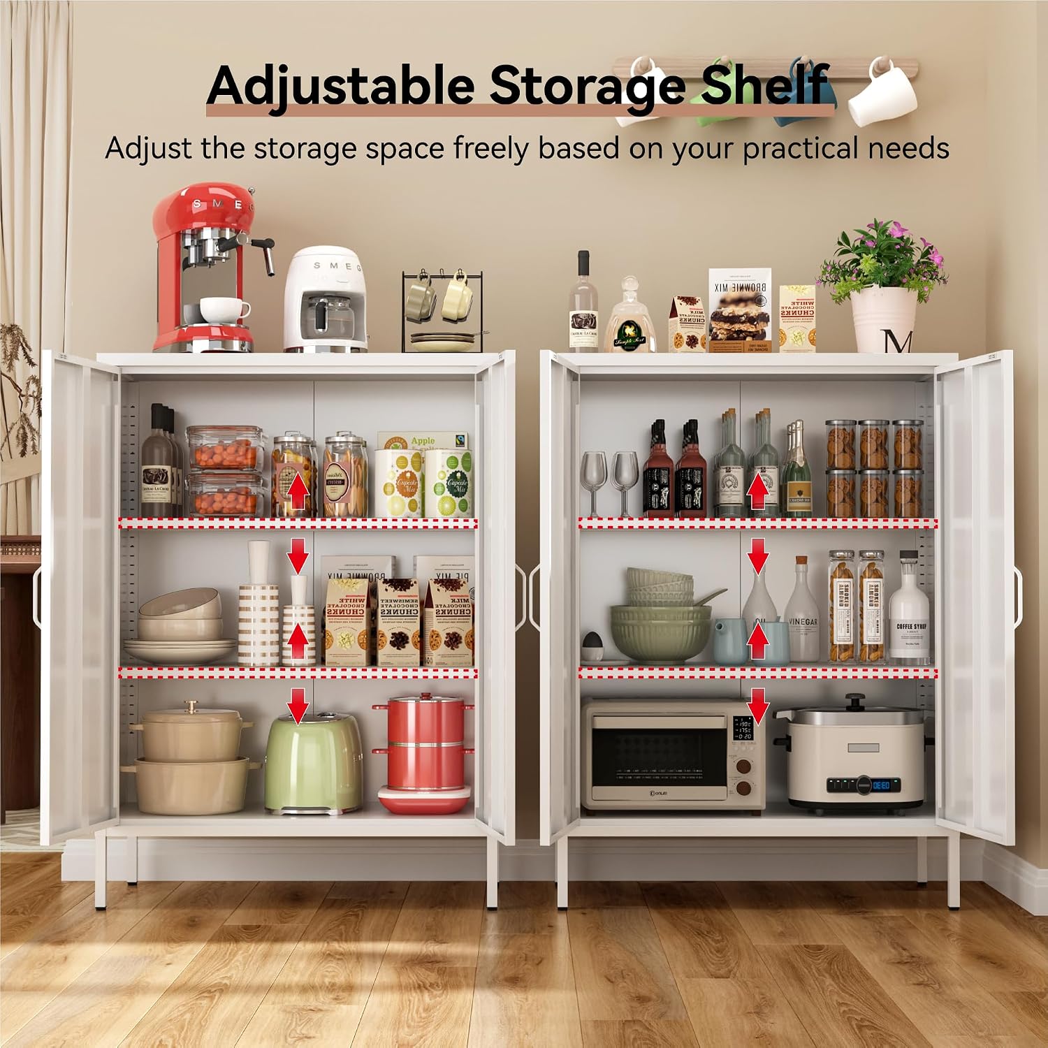 Metal Locker Cabinet, White Accent Storage Cabinets with 2 Doors And Adjustable Shelves, 3 Tier Modern Storage Freestanding Sideboard for Living Room,School,Office Home Kitchen (White, 2Doors-40'H)