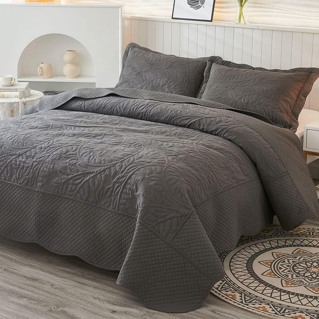 MarCielo 3-Piece 100% Cotton Oversized Bedspread Lightweight Quilt Coverlet Embroidery Farmhouse Bedding Set T0 (Dark Grey, Oversized Queen (100'x106'))