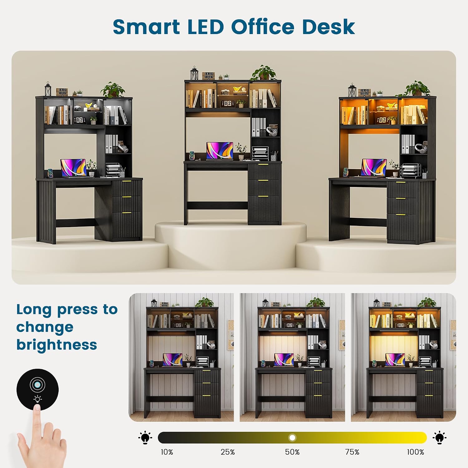 WOOVIVS Standing Desk with LED Light for Office Room, Smart Computer Desk with Hutch and Drawer for Game Room,Modern Study Table with 2AC Port Charging Station/Lamp/for Bedroom (Black)