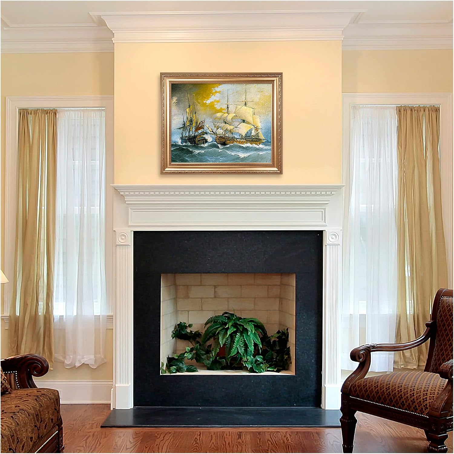 Battle between a Spanish Frigate and the English Ship Stanhope Sailboat Warship Painting Reproductions Framed Size:36x30 inches,Image Size:30x24 inches World Classic Reproductions For HomeDecor