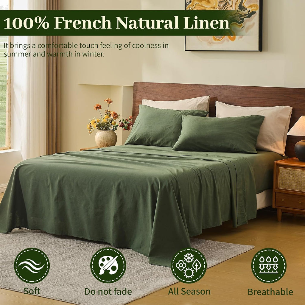 MEISHANG 100% French Pure Linen Sheets King Size - Bed Sheets 4 Piece Sets, Soft Durable Flax Linen, Anti-Tear Breathable Oeko-Tex Certified with 16' Deep Pocket (Forest Green)