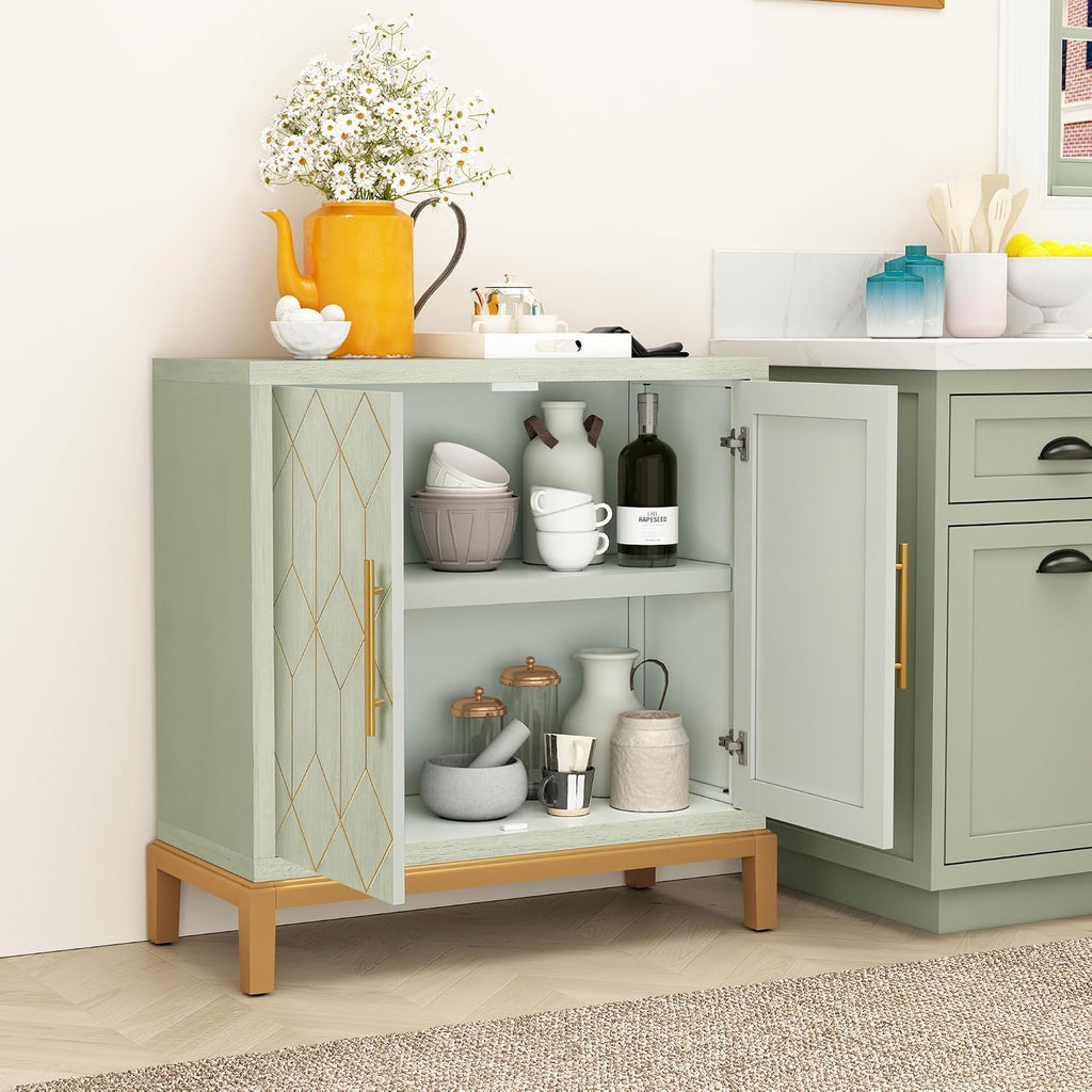 ARTPOWER Green Accent Cabinet with Doors, Modern Wooden Sideboard, Carved Decorative Storage Cabinets for Living Room, Kitchen, Office, and Hallway, Green with Gold Legs